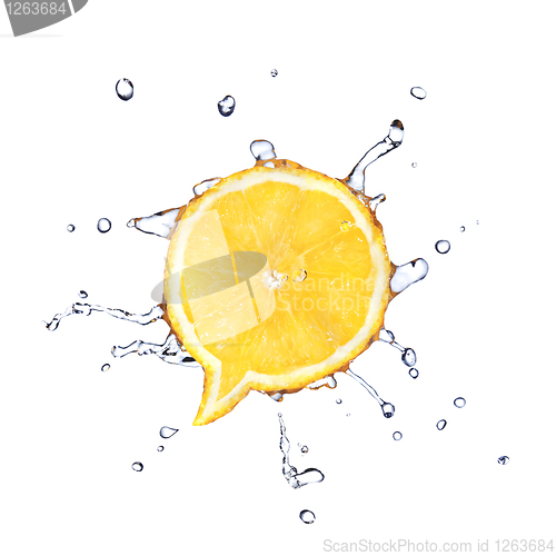 Image of Lemon in shape of dialog box with water drops isolated on white