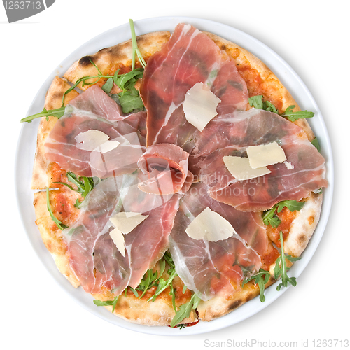 Image of italian pizza with ham and cheese isolated on white