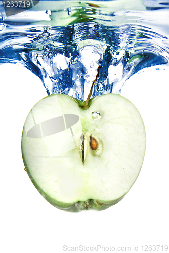 Image of green apple dropped into blue water with splash isolated on whit