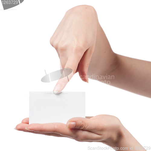 Image of Woman hand holding empty visiting card and pointing on it isolat