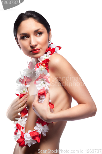 Image of Sexy woman with garland from flowers isolated on white