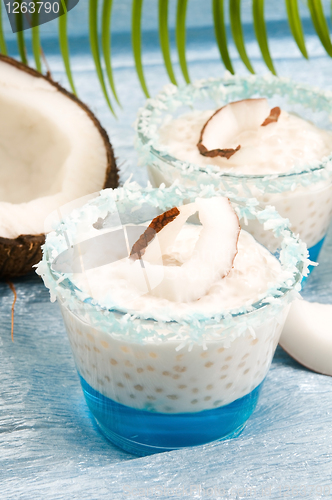 Image of Coconut pudding with tapioca pearls and litchi jelly