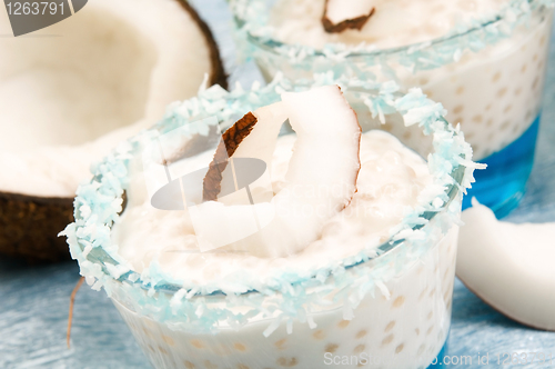 Image of Coconut pudding with tapioca pearls and litchi jelly