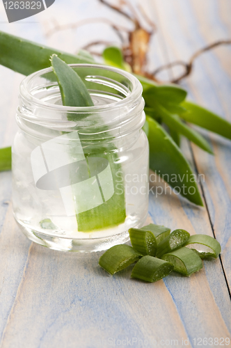 Image of aloe vera juice with fresh leaves