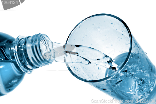 Image of water pouring into glass from bottle isolated on white