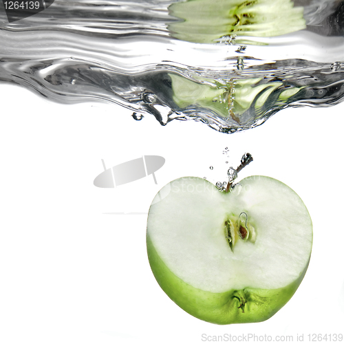 Image of green apple dropped into water with splash isolated on white