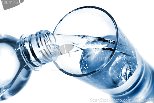 Image of water pouring into glass from bottle isolated on white