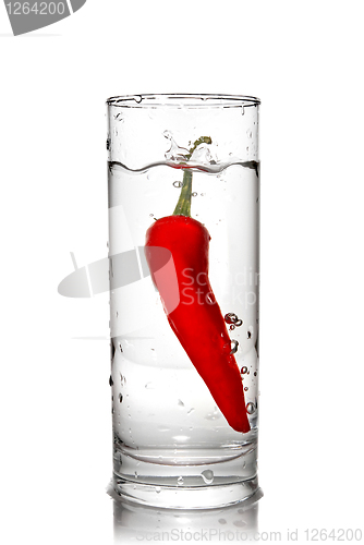 Image of red pepper dropped into water glass with bubbles