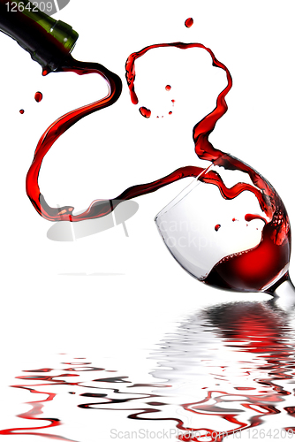 Image of Heart from pouring red wine in goblet isolated on white