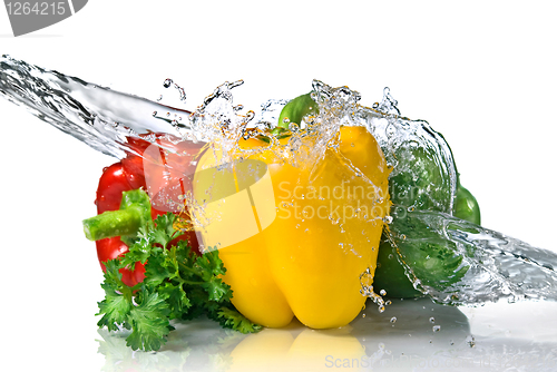 Image of red, yellow, green pepper and parsley with water splash isolated