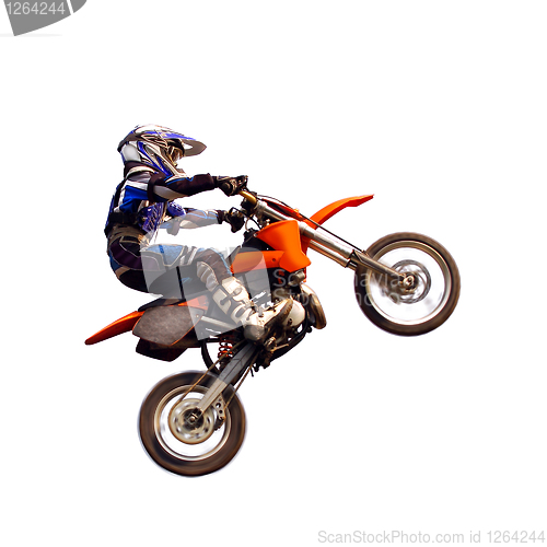 Image of young moto rider in the air isolated on white