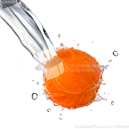Image of fresh water splash on orange isolated on white
