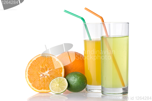 Image of orange and lime juices with orange and lime isolated on white