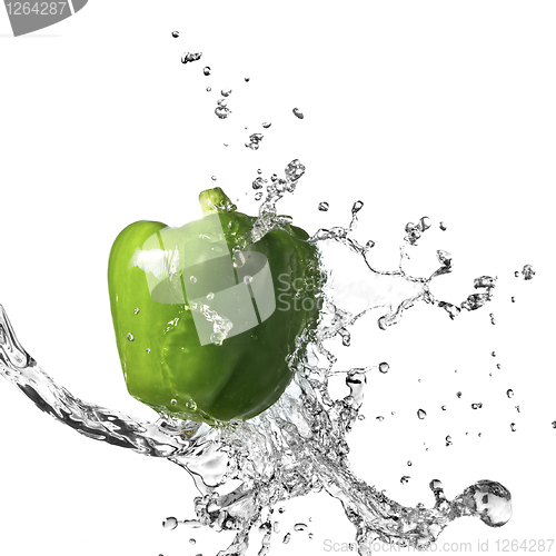 Image of fresh water splash on green sweet pepper isolated on white