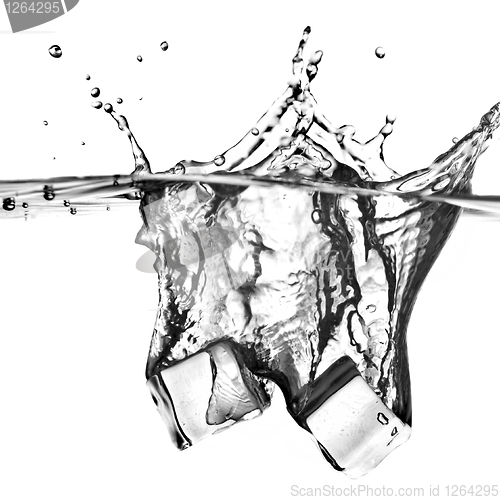 Image of ice cubes dropped into water with splash isolated on white