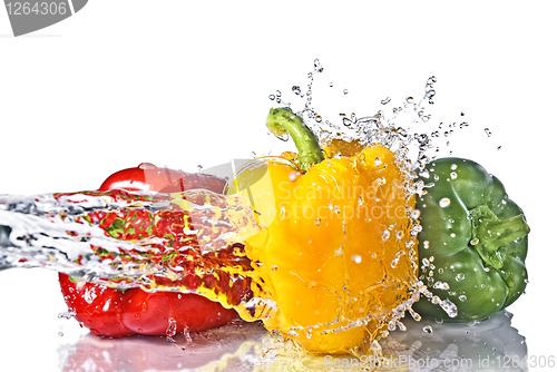 Image of red, yellow and green pepper with water splash isolated on white