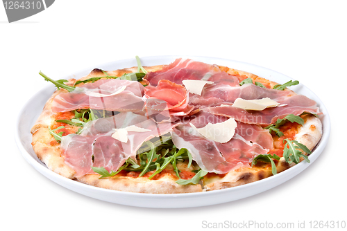 Image of italian pizza with ham and cheese isolated on white