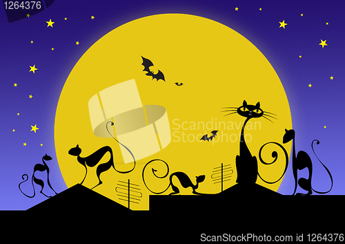 Image of silhouettes of black cats and bats against moon in halloween nig