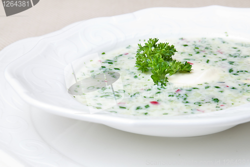 Image of cold soup with choped vegetables and meat on the plate