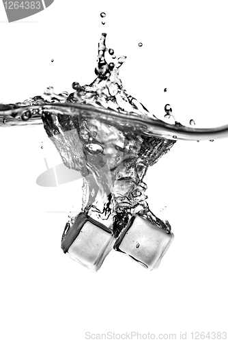 Image of ice cubes dropped into water with splash isolated on white