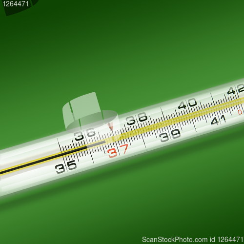 Image of close-up thermometer on green background