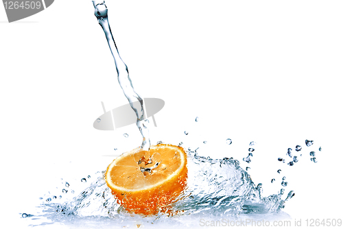 Image of fresh water drops on orange isolated on white