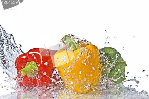 Image of red, yellow and green pepper with water splash isolated on white