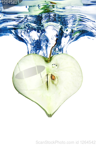 Image of heart from green apple in water with splash isolated on white