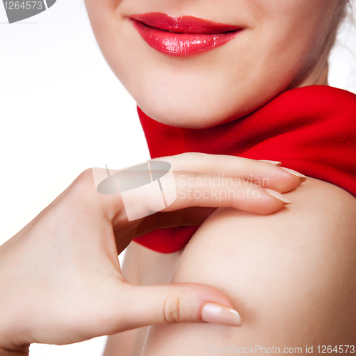 Image of attractive woman with red scarf isolated on white