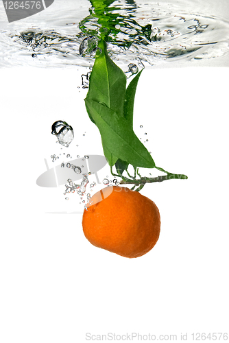 Image of tangerine dropped into water with bubbles on white