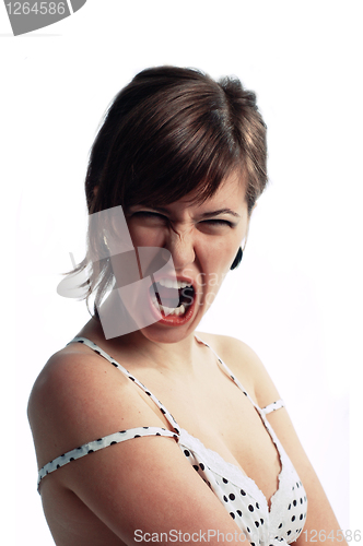 Image of Angry screaming young woman isolated on white
