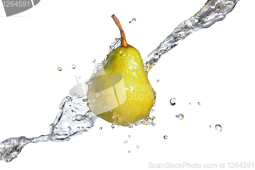 Image of yellow pear with water splash isolated on white