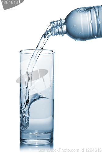 Image of water pouring into glass from bottle isolated on white