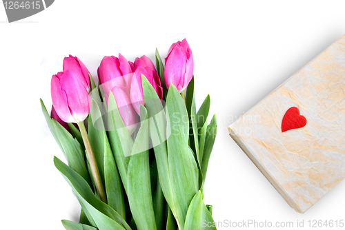 Image of close-up pink tulips with gift isolated on white