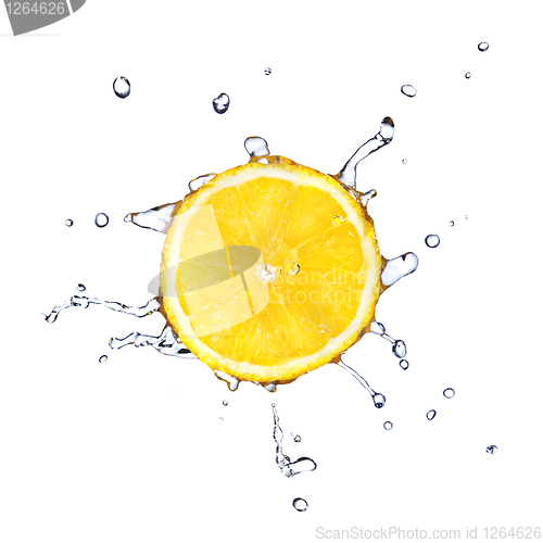 Image of Slice of lemon with water drops isolated on white