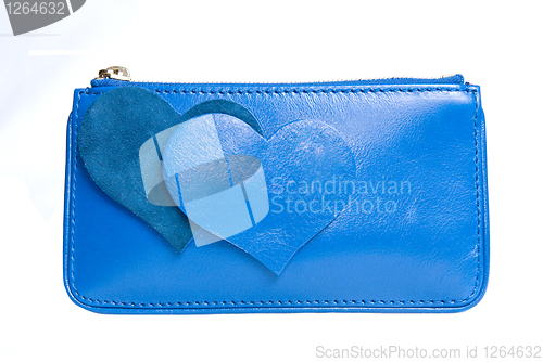 Image of blue leather purse with hearts isolated on white