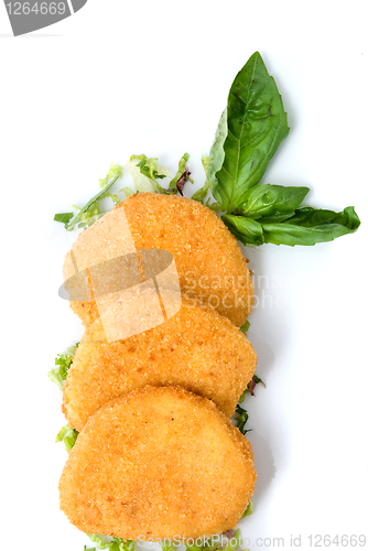 Image of spicy cheese cakes with green leaves on the plate