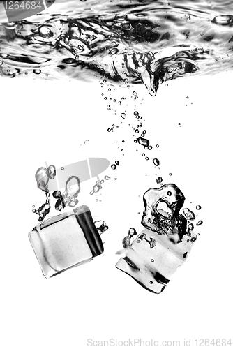 Image of ice cubes dropped into water with splash isolated on white