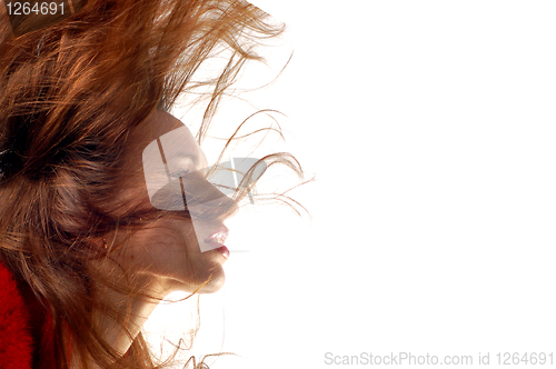 Image of young attractive woman in red and black isolated on white