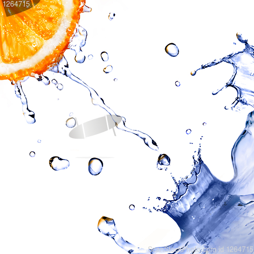 Image of fresh water splash and drops on orange isolated on white