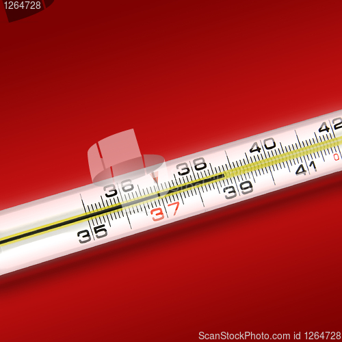 Image of close-up thermometer on red background