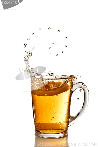 Image of arranged bubbles of tea and lemon dropped into cup with splash