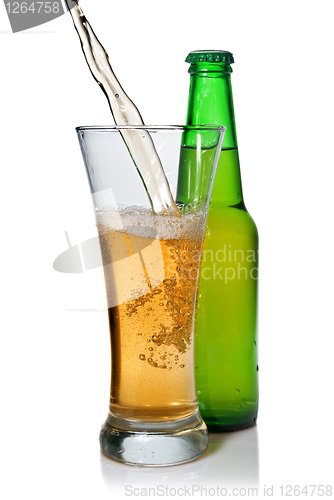 Image of Beer pouring from into glass isolated with bottle on white