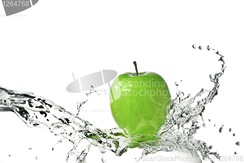 Image of fresh water splash on green apple isolated on white