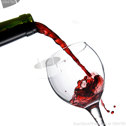 Image of Pouring red wine in glass goblet isolated on white