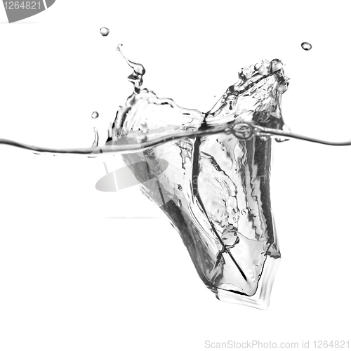 Image of ice cube dropped into water with splash isolated on white