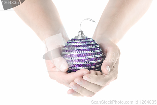 Image of hands holding blue christmas pink isolated on white