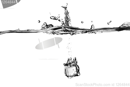 Image of ice cube dropped into water with splash isolated on white