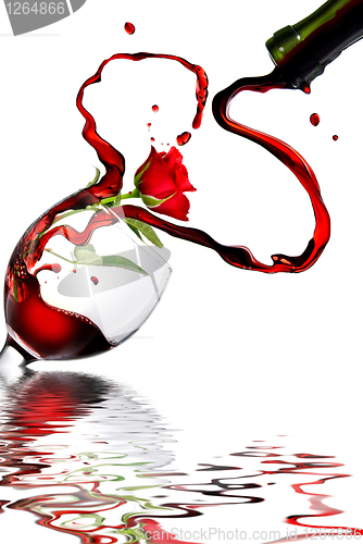 Image of Heart from pouring red wine in goblet isolated on white