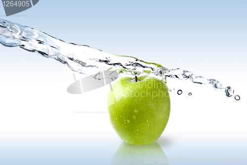 Image of fresh water splash on green apple isolated on white